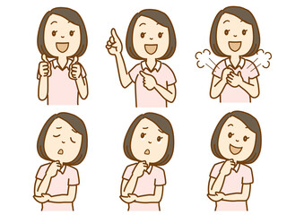 女性ポーズセット、考える、閃く,good、指差し、手打ち