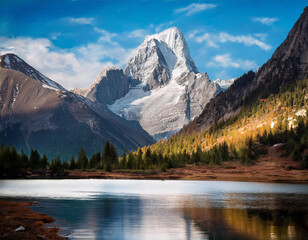 Fototapeta premium A painting of a mountain lake with a mountain in the background