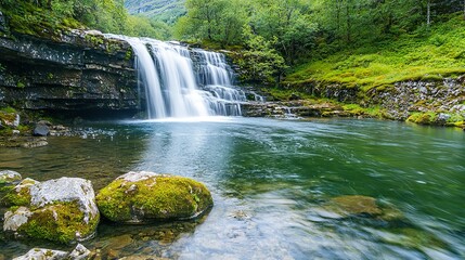 Obraz premium A serene waterfall cascades into a clear pool, surrounded by lush greenery and rocky terrain, creating a tranquil natural scene.
