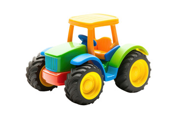 Obraz premium A colorful toy tractor designed for children, featuring oversized wheels and a simple cabin structure.