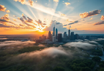 Stunning Aerial Cityscape at Sunrise with Modern Skyscrapers and Golden Sunlight