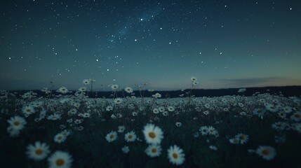 Chamomile Field Under Starlit Sky: A chamomile field lit by a star-studded sky
