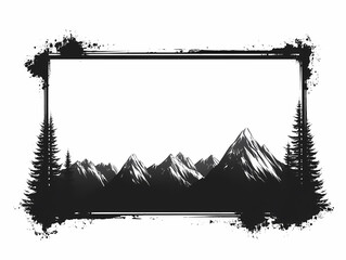 Silhouette of majestic mountains framed by evergreens. Grunge style. Perfect for adventure and nature themes.
