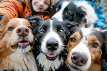 Close-up selfie of four happy dogs with their owner, all looking directly at the camera outdoors.