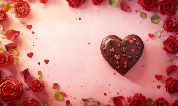 Heart shaped chocolate valentine gift surrounded by red roses on pink background, heart, love, chocolate, valentine, gift