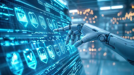 A robotic hand interacts with a digital interface displaying various icons and symbols, showcasing advanced technology and innovation.