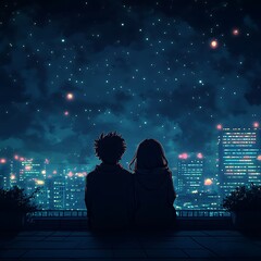 Fototapeta premium anime couple sitting on rooftop gazing at city lights