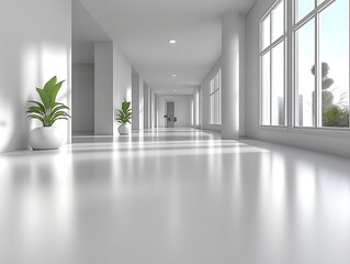 Obraz premium Bright, minimalist hallway with plants and large windows.