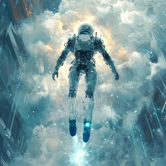 Fototapeta premium A high-tech cyborg astronaut flying through clouds