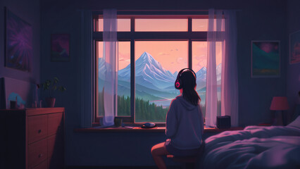 Fototapeta premium A girl looks out the window and listens to lofi beats
