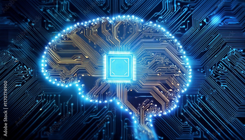 Poster intricate circuit board with illuminated brain symbol representing artificial intelligence technolog