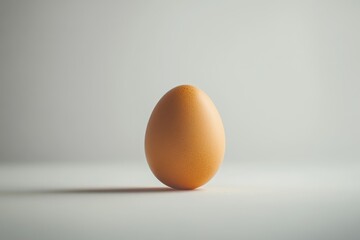 A single brown egg stands upright on a smooth surface, softly illuminated by ambient light.