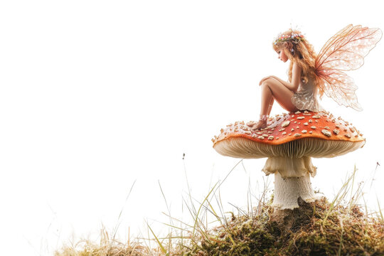 A fairy sits gracefully on a large, colorful mushroom, showcasing delicate wings and a whimsical pose.
