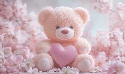 Fototapeta premium Gift-wrapped teddy bear holding a heart, surrounded by delicate pastel floral accents.