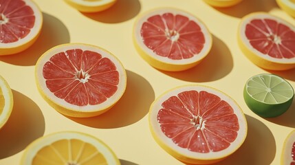 Fototapeta premium layout of grapefruit halves, vibrant green lime slices, and zesty orange peels
