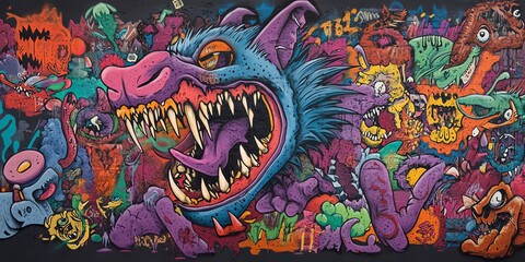 Vibrant, psychedelic monster graffiti art
