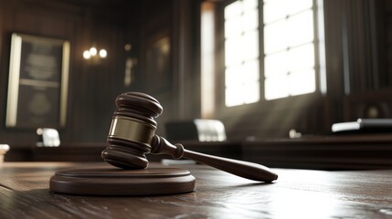 Fototapeta premium Gavel on Judge's Bench in Law Court Setting.