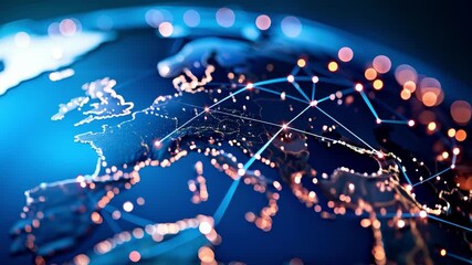 Digital blue globe showing Europe map, European Union connectivity, network glowing lights - Powered by Adobe