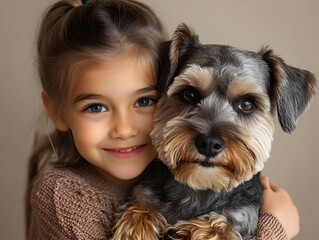 Child Girl Hugging a Schnauzer Dog