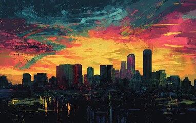 Fototapeta premium Vibrant Cityscape at Sunset Abstract Oil Painting of Modern Metropolis Skyline