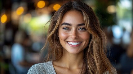 Obraz premium Young Woman Smiling with Long Brown Hair