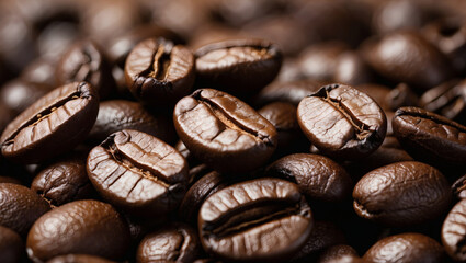 Fototapeta premium Roasted coffee beans are shown in closeup for food and beverage branding, coffee products, cafes, and background imagery in coffeerelated content