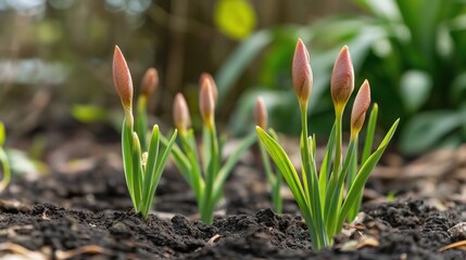 Obraz premium Iris Bulbs in Springtime Garden: Iris bulbs sprouting in a springtime garden
