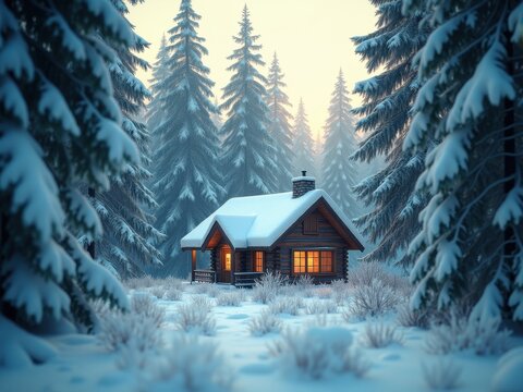 Charming log cabin nestled in a snowy forest during twilight hours with warm light glowing from the windows