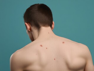 Naklejka premium Rear View of Young Man's Back Displaying Small, Scattered Skin Rash Against Teal Background