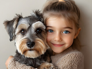 Child Girl Hugging a Schnauzer Dog