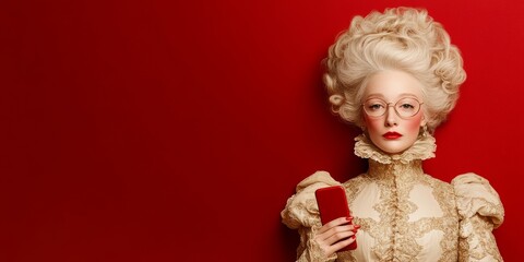 Fototapeta premium The Rococo Revolution: A modern woman in a lavish, powdered wig and exquisite rococo attire holds a smartphone, a powerful symbol of technology's integration into historical aesthetics.