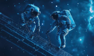 Astronauts spacewalk repair cosmic nebula