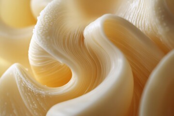 Abstract close-up of creamy, yellow butter curls creating a smooth, flowing texture.