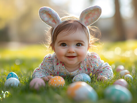 Easter Concept. Close up of funny baby girl wearing rabitt ears