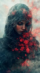 Ethereal Beauty with Flowers in Misty Surroundings and Veil