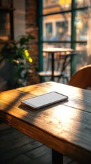 Modern Smartphone with Blank Screen on Rustic Wooden Table in Sunny Cafe - Mockup