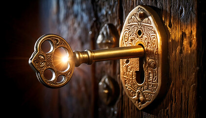 Intricate antique key inserted into an ornate lock on a rich, dark wooden door. Glowing light emanates from the keyhole, suggesting discovery, mystery, and potential.