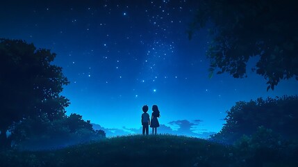 Fototapeta premium anime couple standing on hill looking at stars with blue sky