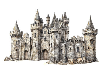 A majestic stone castle with multiple towers, intricate architecture, and a rugged appearance, showcasing classic medieval design elements.