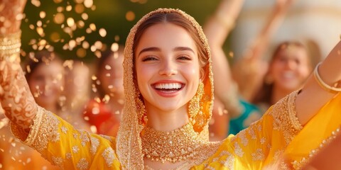 Radiant Bride in Golden Hues: A beautiful bride, adorned in a vibrant yellow outfit, radiates joy and happiness as she celebrates her wedding day amidst a flurry of golden confetti.