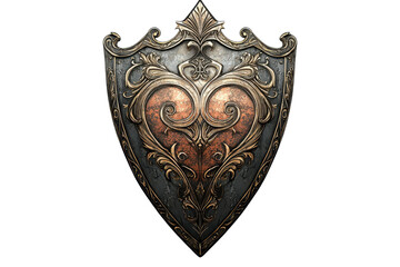 An ornate shield featuring intricate designs and a heart motif, showcasing craftsmanship with metallic and colorful elements.