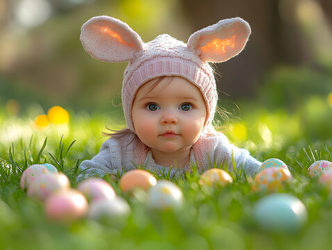 Easter Concept. Close up of funny baby girl wearing rabitt ears