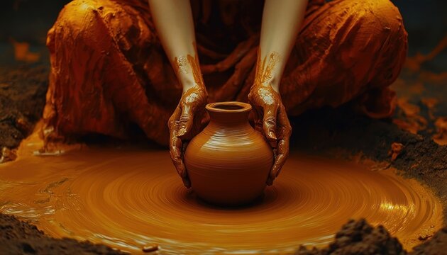 Woman's hands shaping clay pot, earth backdrop, studio lighting, pottery craft