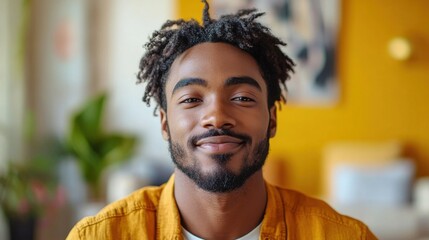 Man looking content, in front of a newly decorated living room, soft-focus background showcasing minimalist decor, warm light, welcoming vibe.