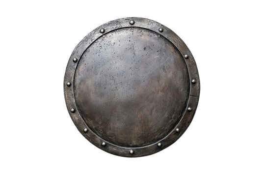 A round, metallic shield featuring a textured surface and riveted rim, suggesting durability and historical significance.