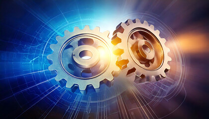 Dynamic image of two metallic gears interlocked against a futuristic, abstract background.  Perfect for illustrating concepts of teamwork, technology, engineering, or innovation.