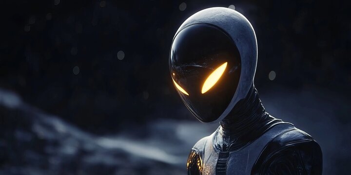 A robot with a yellow eye is standing in the snow
