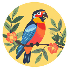 Parrot Sitting on Tree Branches in Nature Flat Vector Illustration