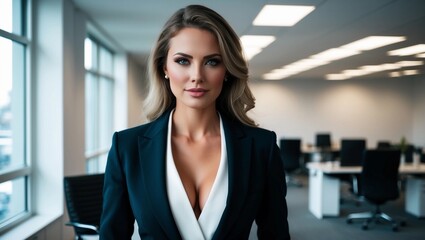 Fototapeta premium Close-up portrait of businesswoman on office background, corporate businesswoman