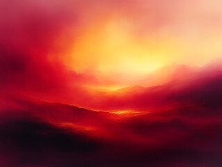 Fototapeta premium Fiery sunset over hazy mountains.